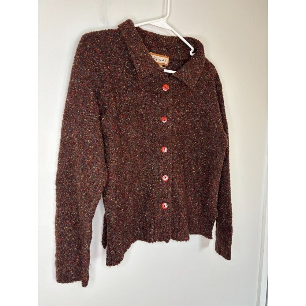 KAMAL Wool Blend Cardigan Womens M Brown Colorful Collared